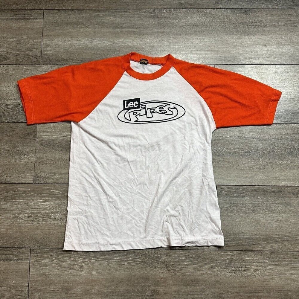 Vintage Retro Lee Pipes T-Shirt Size Small Skateboarding BMX White Orange